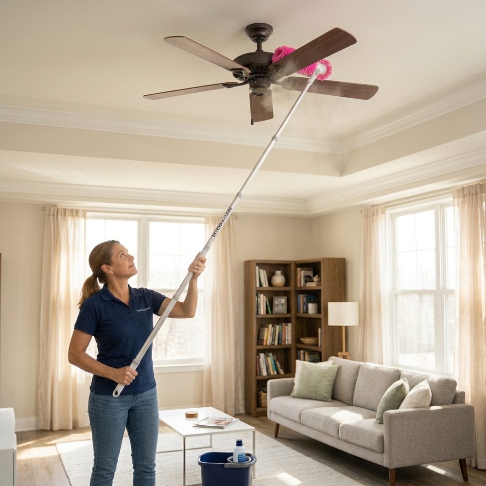 Dusting a ceiling fan with an extended duster